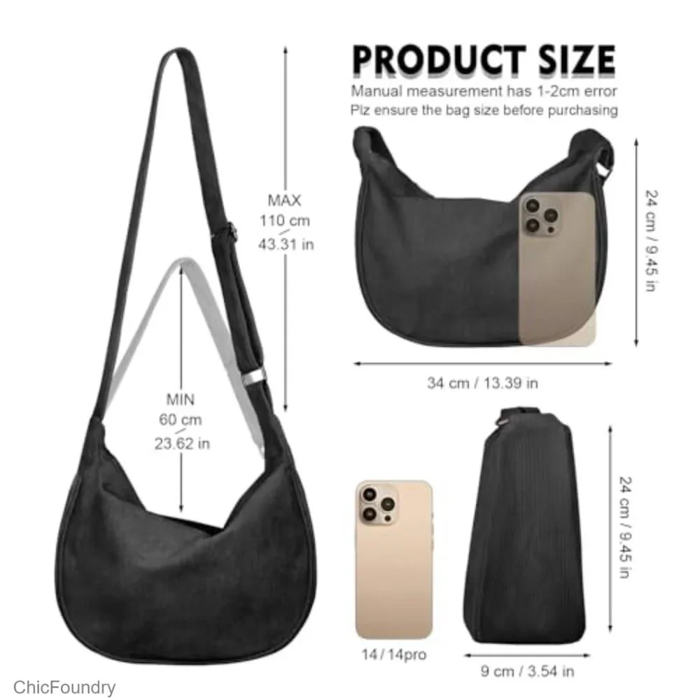 Corduroy Crossbody Hobo Bag, Adjustable Strap, Zipper Compartment, Small Size